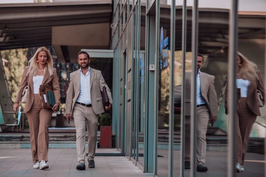 Modern business couple after a long day's work, walking together towards the comfort of their home, embodying the perfect blend of professional success and personal contentment