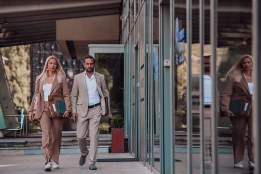 Modern business couple after a long day's work, walking together towards the comfort of their home, embodying the perfect blend of professional success and personal contentment