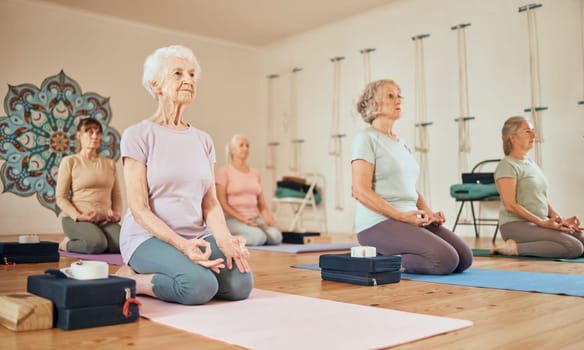 Yoga, lotus and group of senior women in gym meditating for spiritual health and wellness. Meditation, zen chakra and retired females training to relax for mindfulness and peace in fitness center