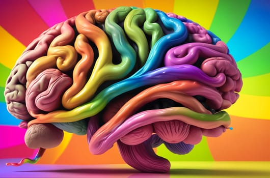 Multicolored human brain on a rainbow background. Brain creativity concept. Generative AI
