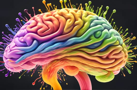 Colorful human brain splashing with paint. Creative brain concept. Generative AI