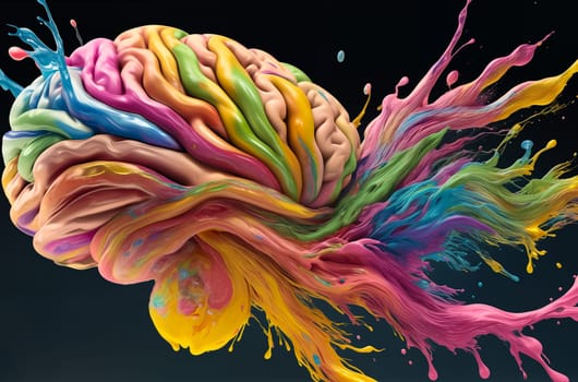 Multicolored human brain exploding with colors. Brain creativity concept. Generative AI