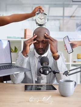 Work chaos, headache and multitasking management of a podcast worker with anxiety. Stress, tired and corporate burnout in a office with a radio presenter feeling fatigue from technology and job.