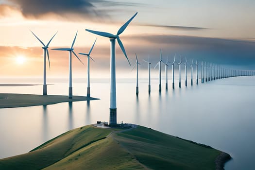 Panoramic view of wind farm or wind park, with high wind turbines for generation electricity with copy space. Green energy concept. Generative AI