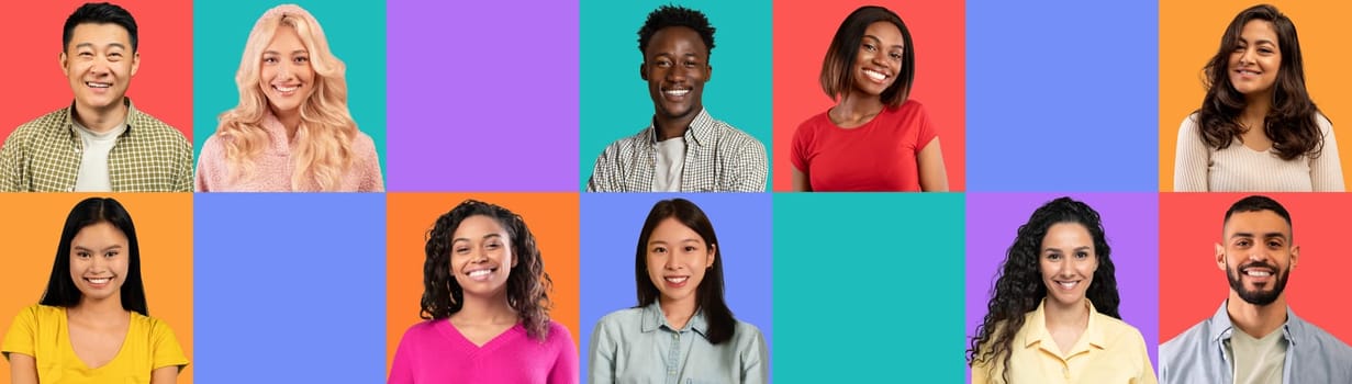 Positive young and adult different people with perfect teeth on colorful studio background, with blank space, panorama, collage. Emotions, lifestyle and mockup, ad and offer