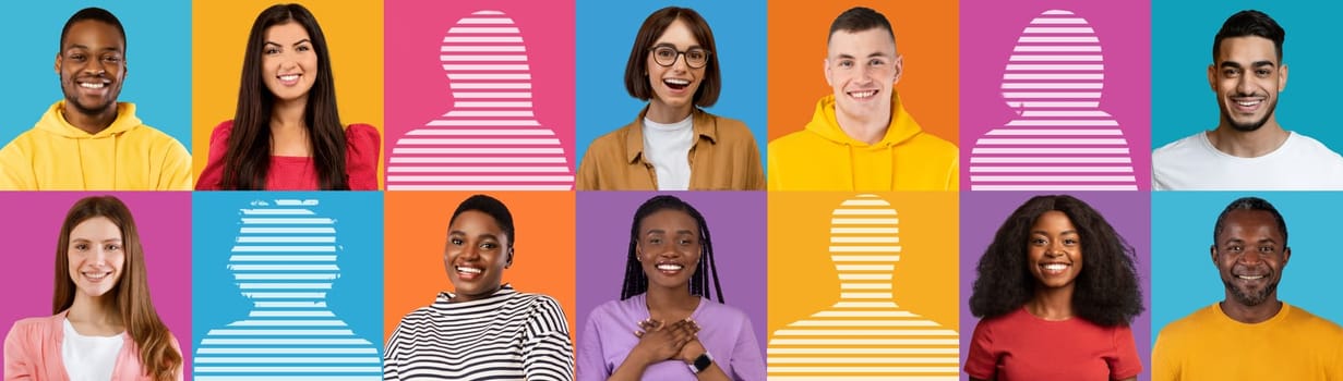 Portrait of positive inspired young multiracial people on colored studio background, with copy space with human silhouette, panorama, collage. Lifestyle and emotions, ad, offer