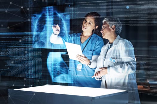 Doctors, hospital or tablet with lungs hologram in tuberculosis, cancer or heart analytics in night healthcare collaboration. Futuristic, abstract or breathing organ on technology for thinking women.