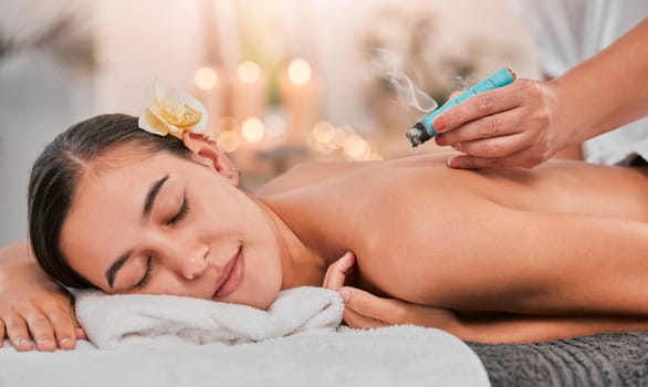 Spa, relax and luxury smoke therapy or meditation for zen mental health. Woman, healthcare wellness and spiritual healing for chakra energy or physical therapy mindfulness with therapist hands.