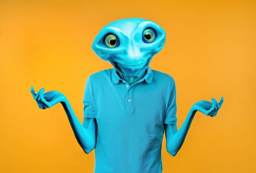 Confused blue skin-tone alien, shoulders up can't help, gesture of dont know. Difficult question, guilty reaction, puzzled guy on yellow background. High quality