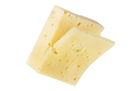 A large piece of cheese with a slice cut off, isolated on a white background. Cheese for pizza. Sliced piece of cheese on a white background close-up. Insert into a design or project