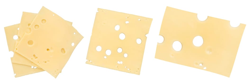 Emmental cheese isolate. Cheese slices with big holes close-up. Emmental cheese is cut into thin slices of different shapes, isolated on a white background. High quality photo