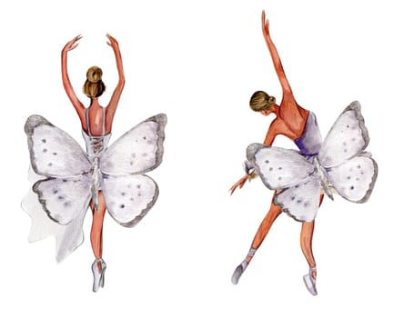 Watercolor dancing ballerina with butterfly set. Lilac dresss ballerina. Picture for poster, invitation, postcard, background and posters