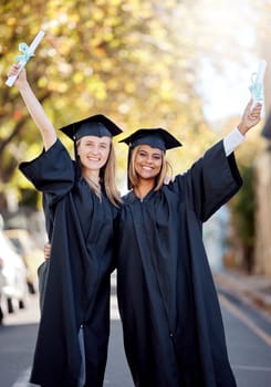 Portrait, friends and women graduate, diploma achievement or celebrate together, education or knowledge. Young people, students or female academics with certificates, university success or graduation.