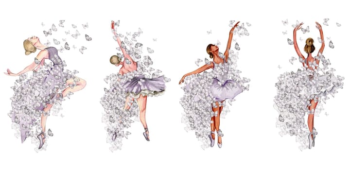 Watercolor dancing ballerina with butterfly set. Lilac dresss ballerina. Picture for poster, invitation, postcard, background and posters