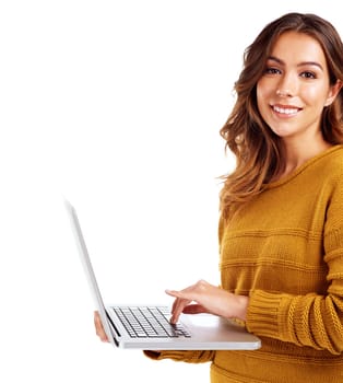 Woman, laptop and studio portrait for typing, communication or coding by white background. Isolated model, mobile computer and smile for web networking, programming or email with online connection.