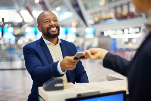 Black man, giving passport and airport for travel, security and identity for global transportation service. African businessman, documents and concierge for immigration with international transport.