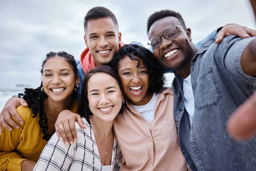 Selfie, diversity and portrait of friends on a holiday while having fun together on weekend trip. Freedom, smile and happy group of diverse people taking a picture while on adventure on a vacation