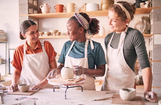 Pottery class, team workshop or women design sculpture mold, clay manufacturing or art product. Diversity, ceramic retail store or startup small business owner, artist or girl group working in studio.
