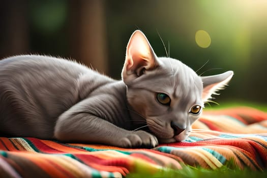Cute gray sphinks cat sleeps on fur white blanket. kitten sleeping on gray plaid wool blanket with tassels, embracing soft beige knitted toy