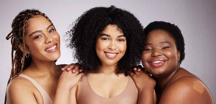 Women, diversity and studio portrait for inclusion, body positive friends and natural skincare beauty. Model, group and black woman for cosmetics, makeup and wellness with skin health by background.