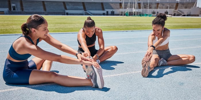 Fitness, friends or women runner stretching legs for training, exercise or workout at stadium for race, event or marathon. Motivation, sports diversity or team with wellness goal, warm up or health.