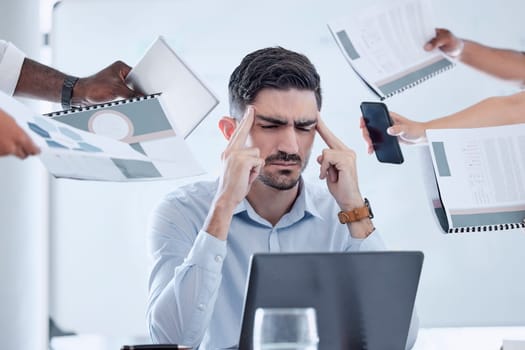 Businessman stress, headache and office chaos, anxiety and sad in crazy, busy and frustrated company. Burnout, deadline and poor time management, worker challenge and mental health, crisis or mistake.