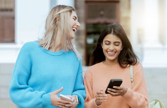 Friends, women laugh at meme on smartphone, social media and students on campus, outdoor and comedy online. Connection, funny post and 5g network, communication and technology with Gen z youth.