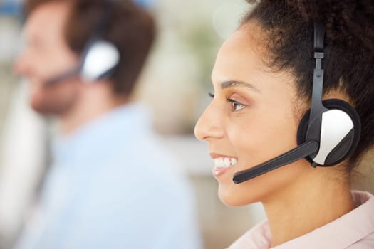 Call center, consulting and communication with business woman for telemarketing, customer service and contact us. Sales, crm and technical support with black woman in help desk agency for networking.