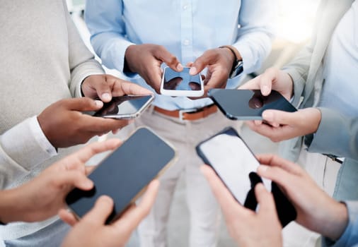 Smartphone in hands, technology and business people with collaboration and communication in team for company. Chat, internet and solidarity with community, mockup and networking, teamwork with phone.
