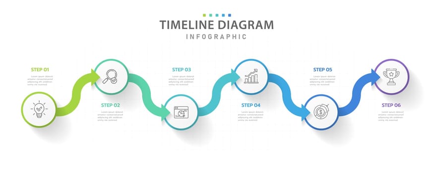 Infographic template for business. 6 Steps Modern Timeline diagram with arrow topics, presentation vector infographic.