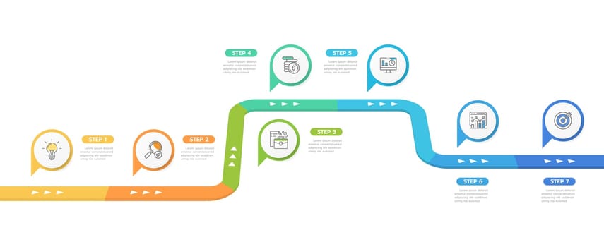 Infographic template for business. 7 Steps Modern Timeline diagram with road journey concept, presentation vector infographic.