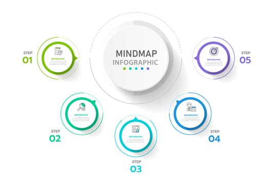 Infographic template for business. 5 Steps Modern Mindmap diagram with circle topics, presentation vector infographic.