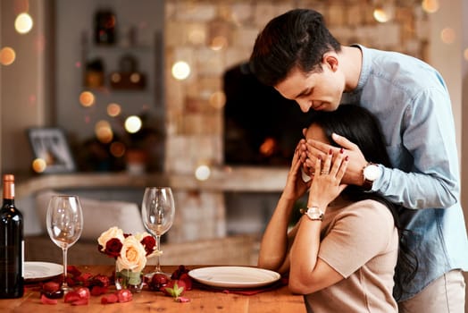 Love, man cover eyes of woman and wine for celebration, romance and loving together on Valentines day, happiness and excited. Romantic, female and male with surprise, date and happy for relationship.