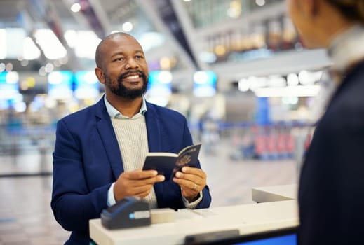 Black man, passport and airport desk for travel, security and identity for global transportation service. African businessman, documents and concierge for consultation on international transportation.