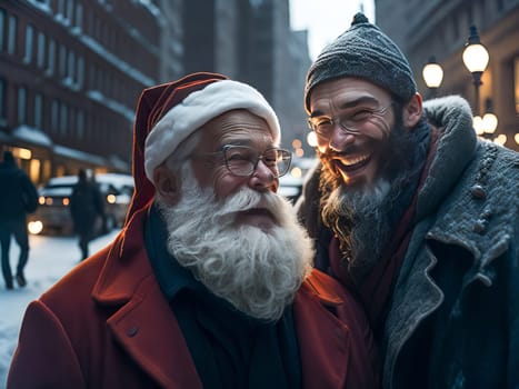 Happy Santa Claus with young man dressed as elf smiling at the camera outdoors in snowfall. Christmas spirit. Generative Ai.