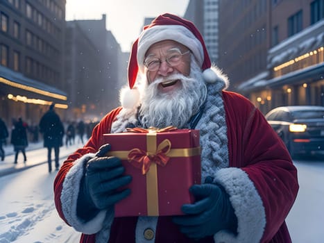 Happy Santa Claus outdoors in snowfall holding gifts for children. Generative Ai