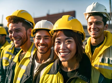 Team of construction workers wearing protective helmets and vests working on construction site. Generative Ai