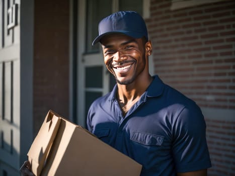 Delivery Concept - Portrait of Happy African American delivery man holding a box package outside. Generative Ai