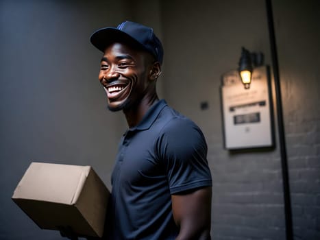 Delivery Concept - Portrait of Happy African American delivery man holding a box package outside. Generative Ai