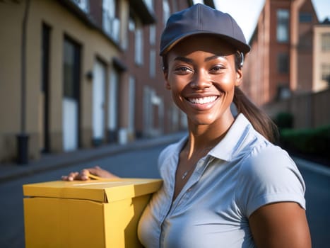Portrait of Happy African American delivery woman holding a box package outside. Delivery Concept. Generative Ai