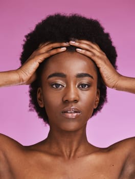 Black woman, portrait or touching afro hairstyle in relax beauty skincare, growth texture maintenance or salon wellness. Hands, hair or natural face makeup on studio model or isolated pink background.