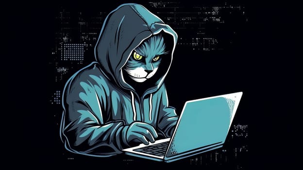 Funny pet character in hoodie playing computer. Cat hacker with laptop. Generative ai