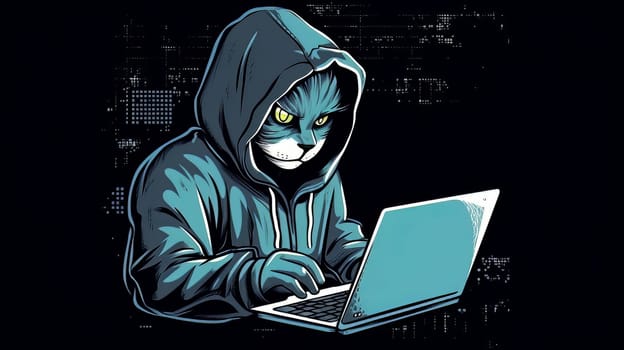 Funny pet character in hoodie playing computer. Cat hacker with laptop. Generative ai