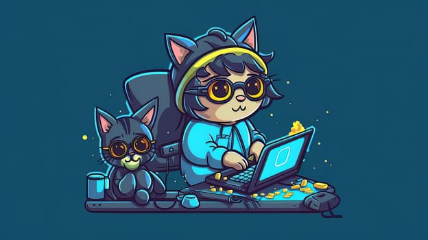 Funny pet character in hoodie playing computer. Cat hacker with laptop. Generative ai