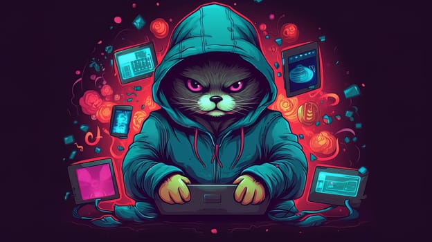 Funny pet character in hoodie playing computer. Cat hacker with laptop. Generative ai