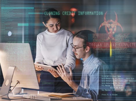Cybersecurity overlay, futuristic graphic and computer software database of it workers talking. Tablet, digital data hologram and information technology work of a office team working on web research.