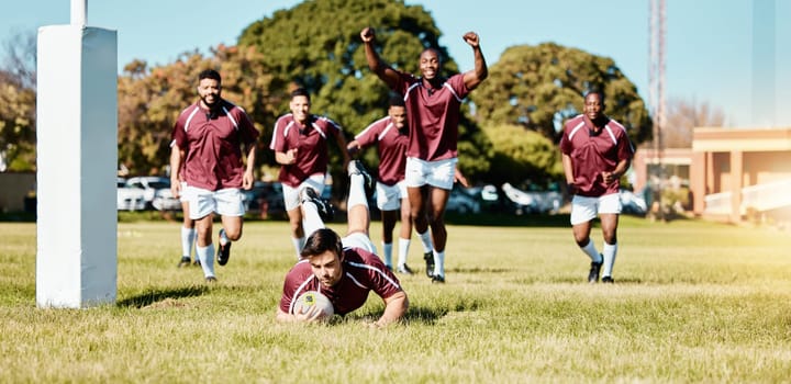 Rugby, team and sports game with men celebrate player scoring a try, fitness and active outdoor with cheers. Happy, winning and support with competition and exercise, championship match and energy.