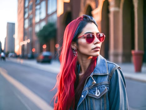 Charming caucasian woman with red long hair in red sunglasses wearing stylish denim jacket looking at the camera standing on a blurred city background. Hipster girl. Generative Ai