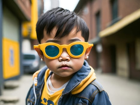 Charming asian boy in yellow sunglasses wearing stylish denim jacket looking at the camera standing on a blurred city background. Hipster boy. Generative Ai