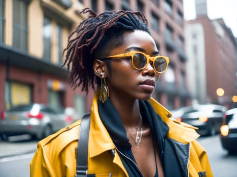 Charming black woman in yellow sunglasses wearing stylish yellow leather jacket looking at the camera standing on a blurred city background. Hipster girl. Generative Ai